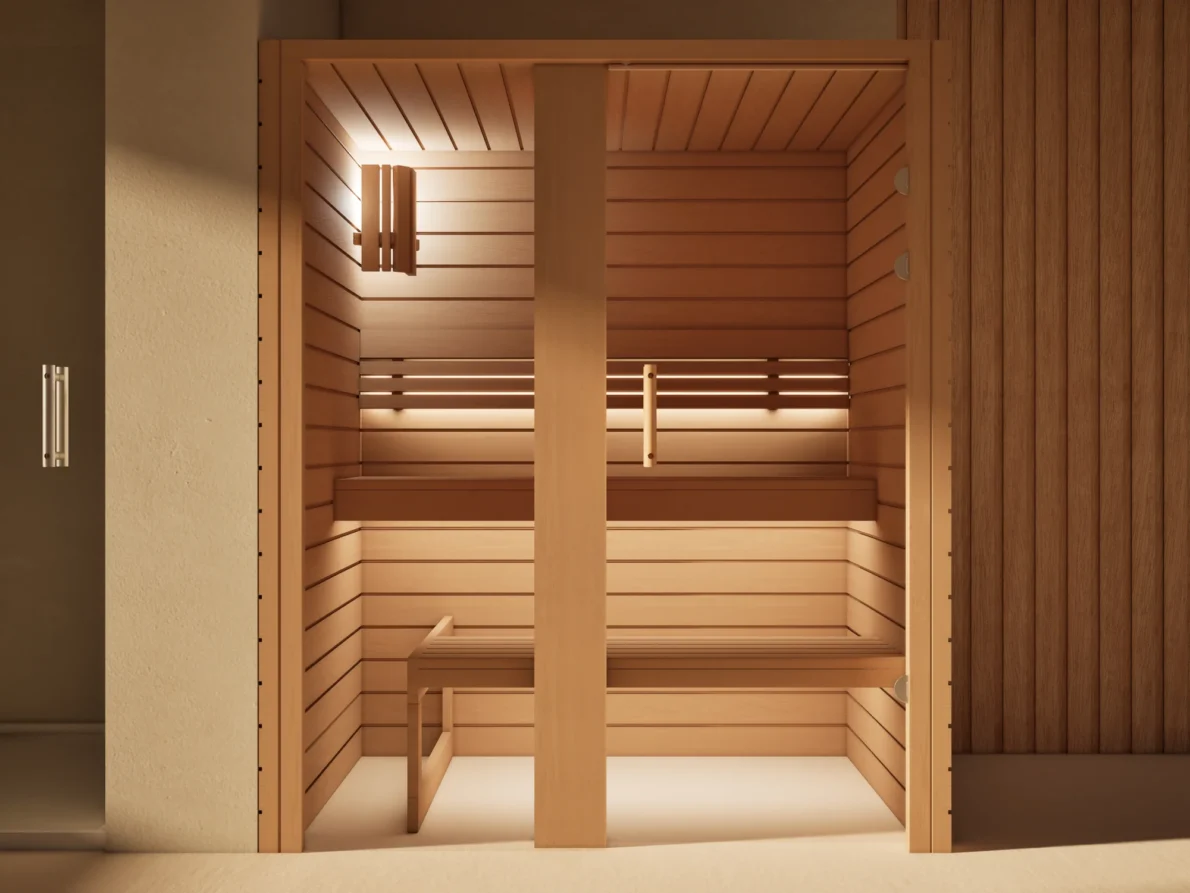 Innenraum der Sauna Amara Profilholz Erle in der Nahansicht