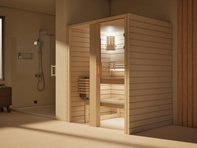 Sauna Amara Profilholz Linde mit Saunaofen im Badezimmer, Ansicht schräg von vorn