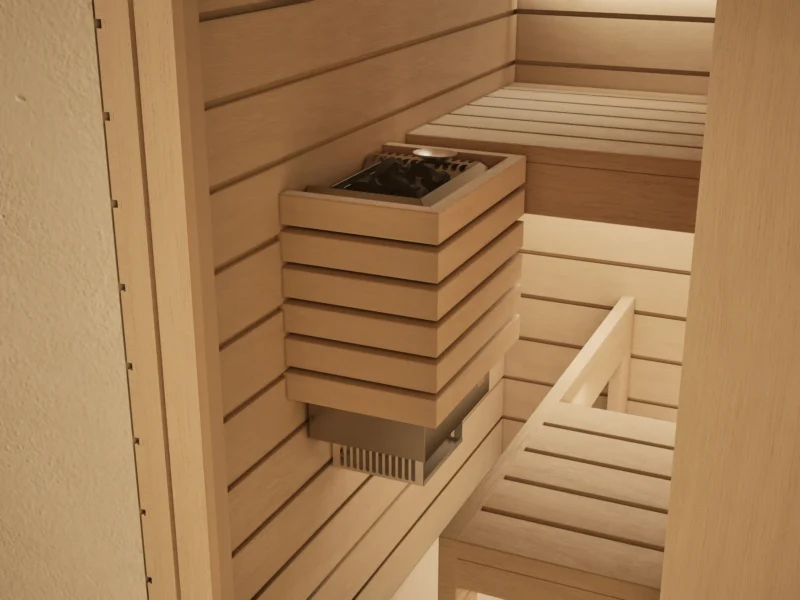Blick in die Sauna Amara Linde: Saunaofen mit Ofenschutzgitter aus Holz neben den Liegen