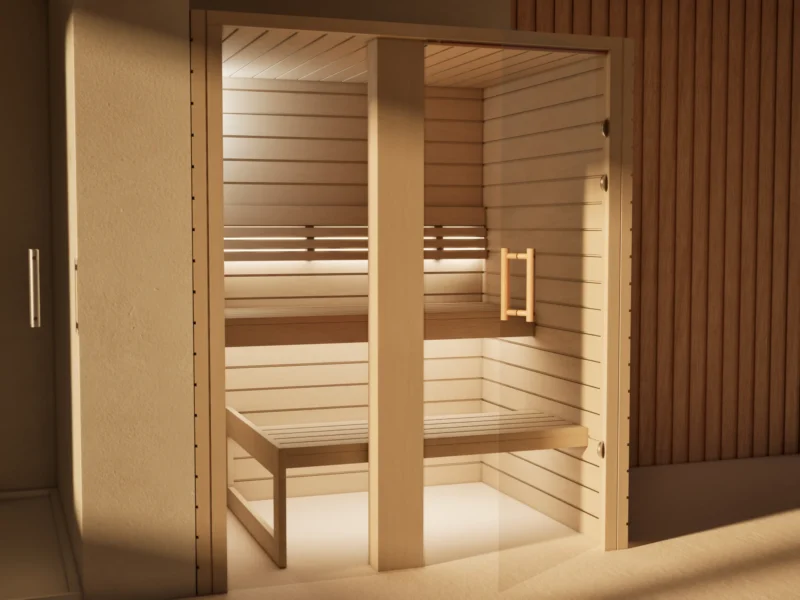 Sauna Amara Profilholz Linde mit geöffneter Glastür, Kabine ohne Saunaofen