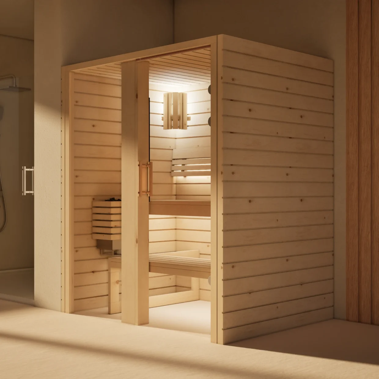 Sauna Amara Profilholz astige Zirbe im Badezimmer, Ansicht von schräg vorn