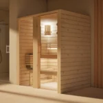 Sauna Amara Profilholz astige Zirbe im Badezimmer, Ansicht von schräg vorn