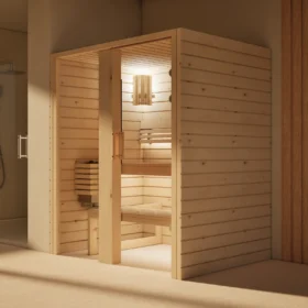 Sauna Amara Profilholz astige Zirbe im Badezimmer, Ansicht von schräg vorn