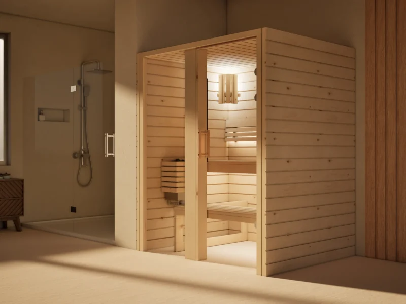 Sauna Amara Profilholz astige Zirbe im Badezimmer, Ansicht von schräg vorn