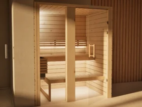 Sauna Amara Profilholz astige Zirbe mit geöffneter Glastür