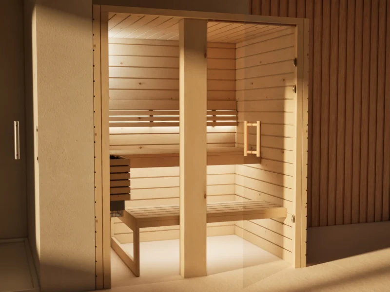 Sauna Amara Profilholz astige Zirbe mit geöffneter Glastür