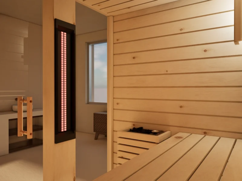 Sauna Amara Profilholz astige Zirbe, Seitenansicht innen: Infrarotstrahler neben der Glastür und Saunaofen