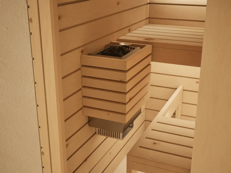 Blick in die Sauna Amara Profilholz astige Zirbe: Saunaofen mit Ofenschutzgitter aus Holz