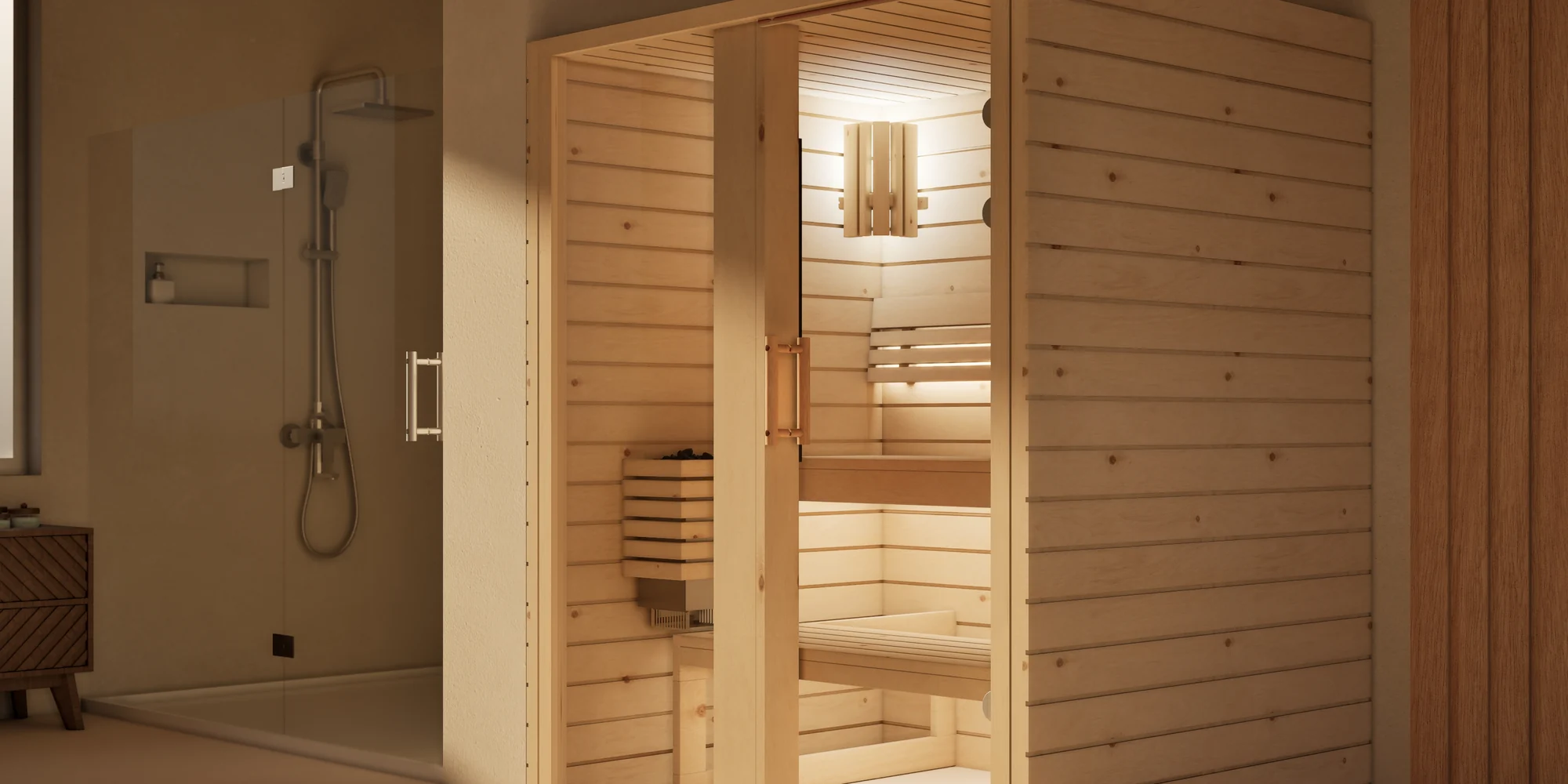 Sauna Amara Profilholz astige Zirbe im Badezimmer, Ansicht von schräg vorn