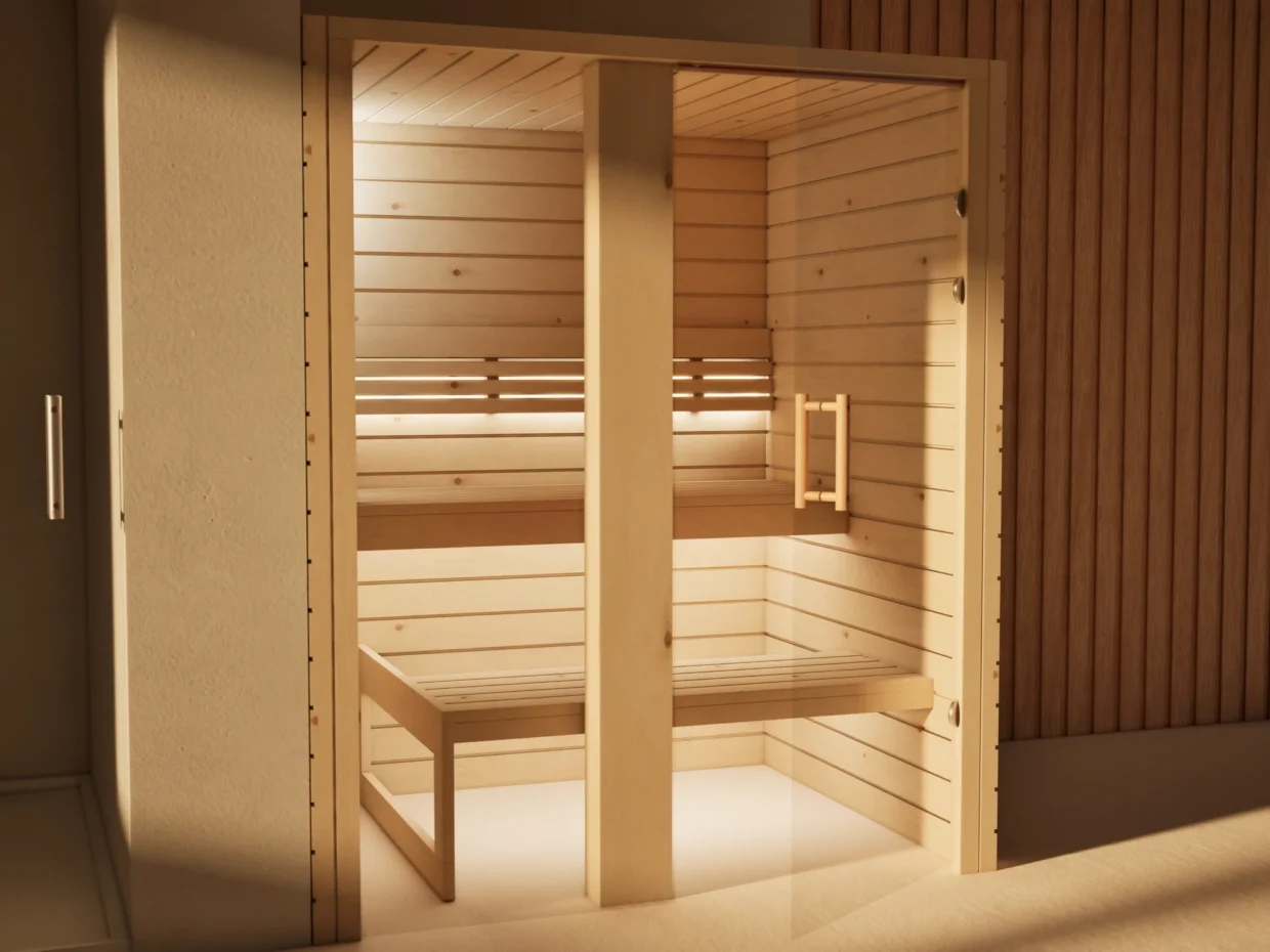 Sauna Amara Profilholz Zirbe mit geöffneter Glastür, Kabine ohne Saunaofen