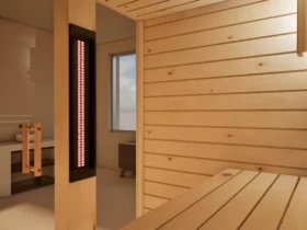 Seitlicher Blick im Innenraum der Sauna Amara Profilholz Zirbe auf Infrarotstrahler und Glastür