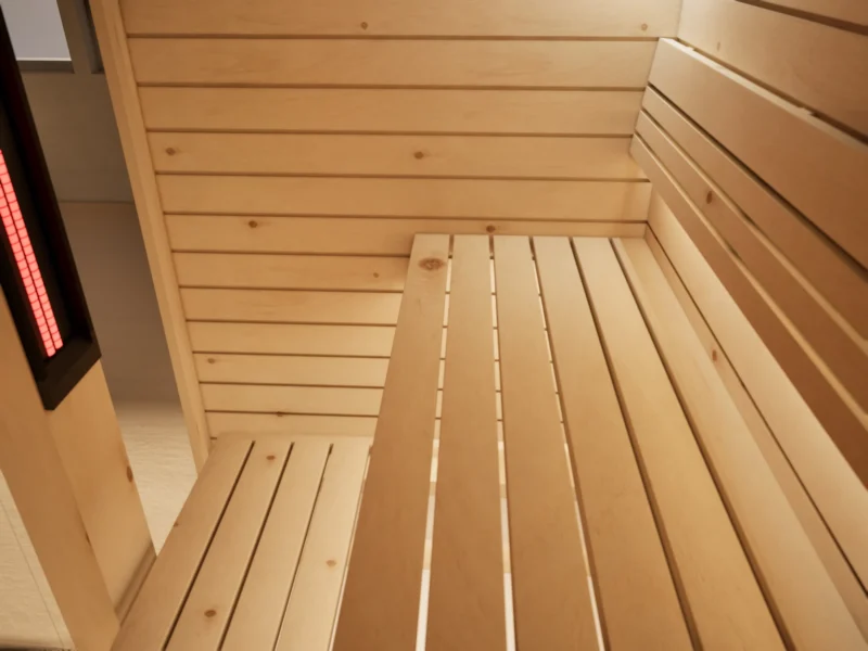 Liegen und Infrarotstrahler in der Sauna Amara Profilholz Zirbe, Detailansicht