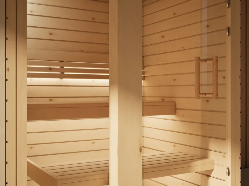 Glastür mit Türbändern und Griff an der Sauna Amara Profilholz Zirbe